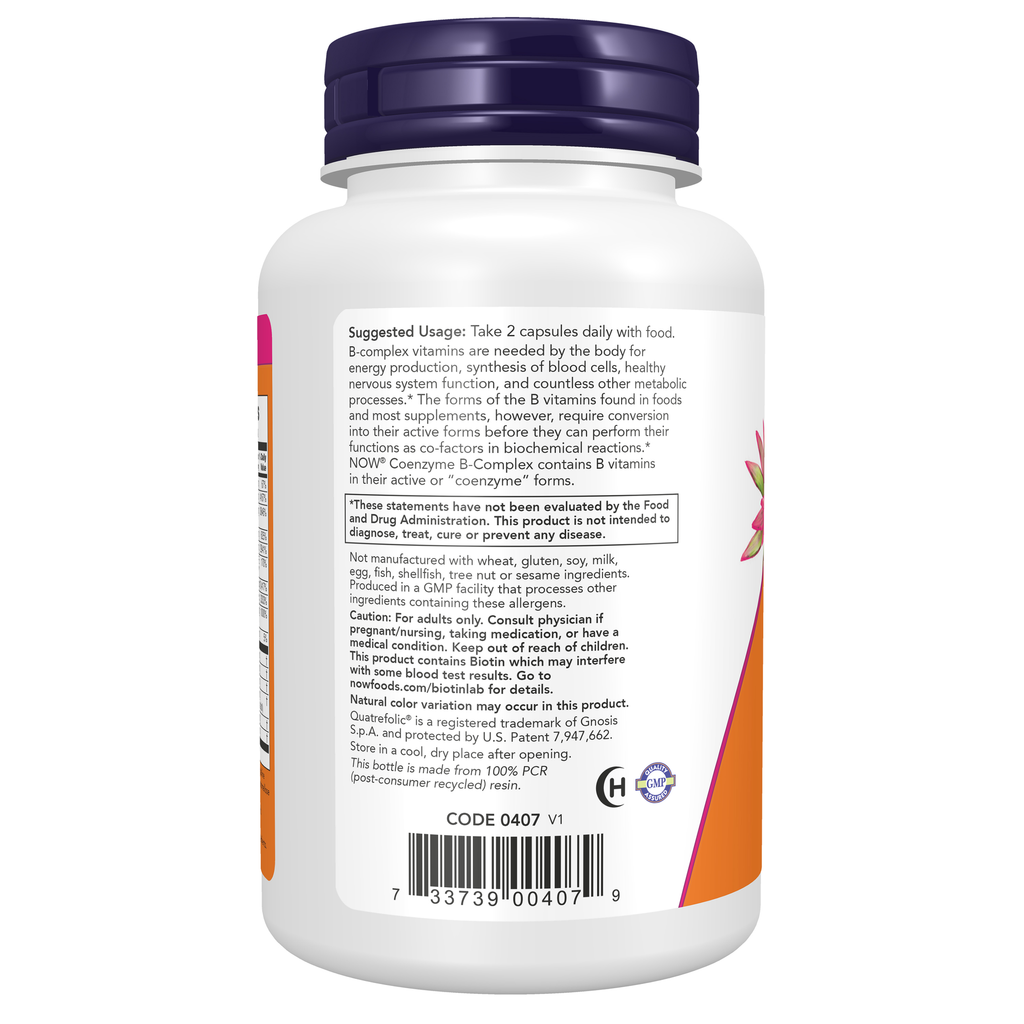 NOW Foods Co-Enzyme B-Complex - 120 Veg Caps – Left label / Etykieta producenta