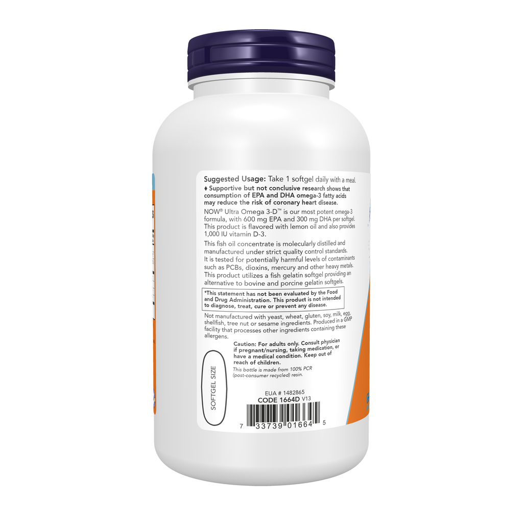 NOW Foods Ultra Omega 3-D™ Fish Oil (Fish Gelatin) - 180 Fish Softgels – Left label / Etykieta producenta