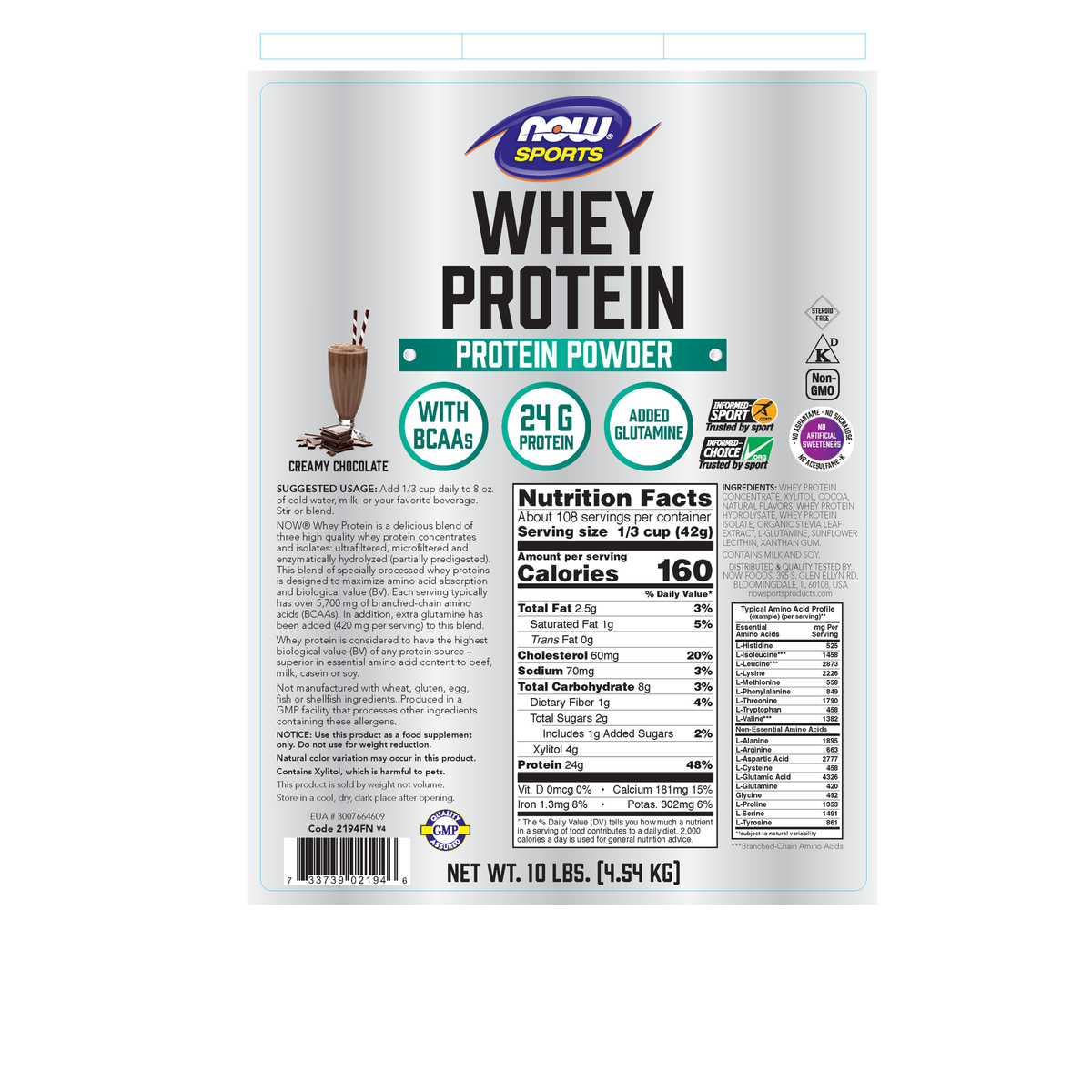 NOW Foods Whey Protein, Creamy Chocolate Powder - 10 lbs. – Manufacturer label details / Etykieta producenta
