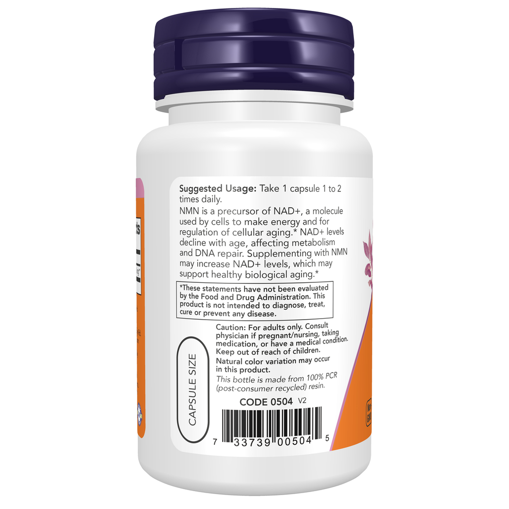 NOW Foods NMN 250 mg - 60 Veg Capsules – Left label / Etykieta producenta