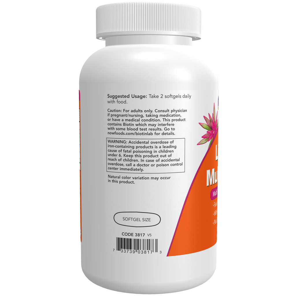 NOW Foods Liquid Multi Gels - 180 Softgels – Label details / Etykieta producenta