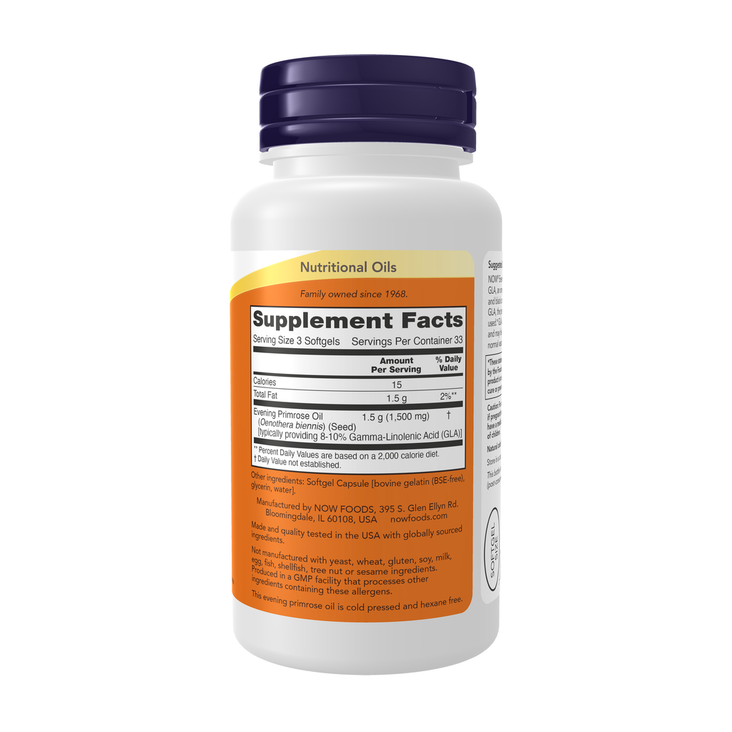 NOW Foods Evening Primrose Oil 500 mg -100 Softgels – Right label / Etykieta producenta