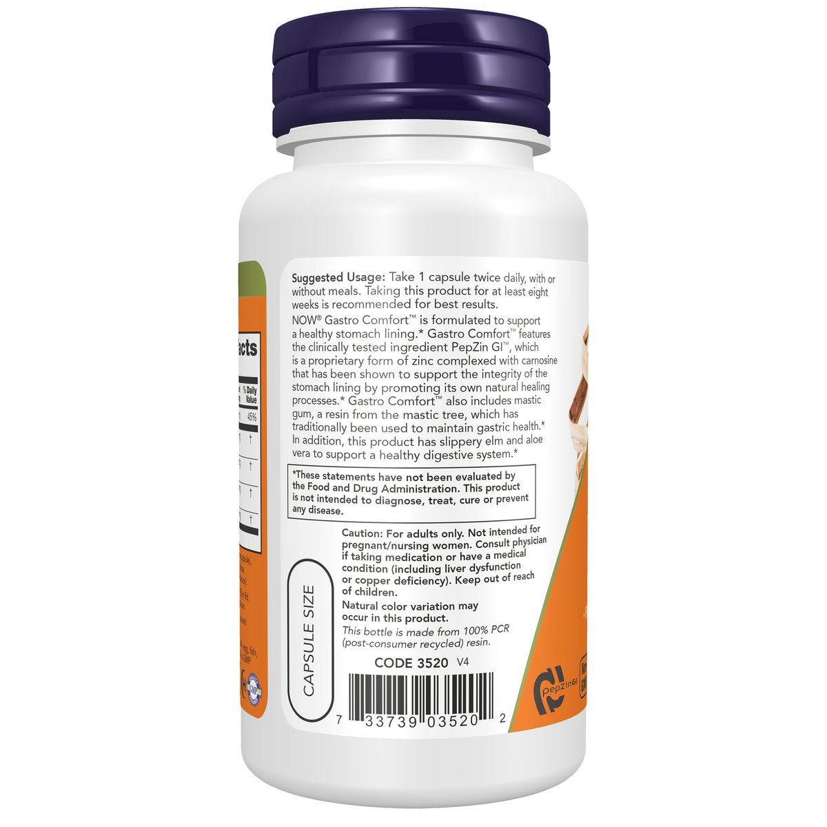NOW Foods Gastro Comfort™ with PepZin GI™ - 60 Veg Capsules – Left label / Etykieta producenta