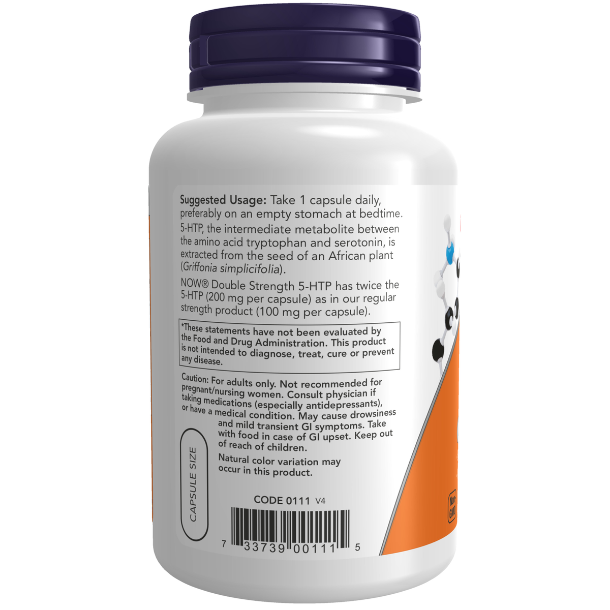 NOW Foods 5-HTP, Double Strength 200 mg - 120 Veg Capsules – Label details / Etykieta producenta