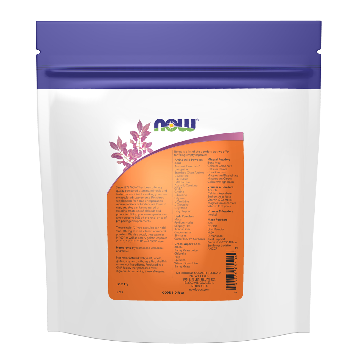 NOW Foods Empty Capsules, Vegetarian, Single 0" - 1000 Veg Capsules" – Label details / Etykieta producenta