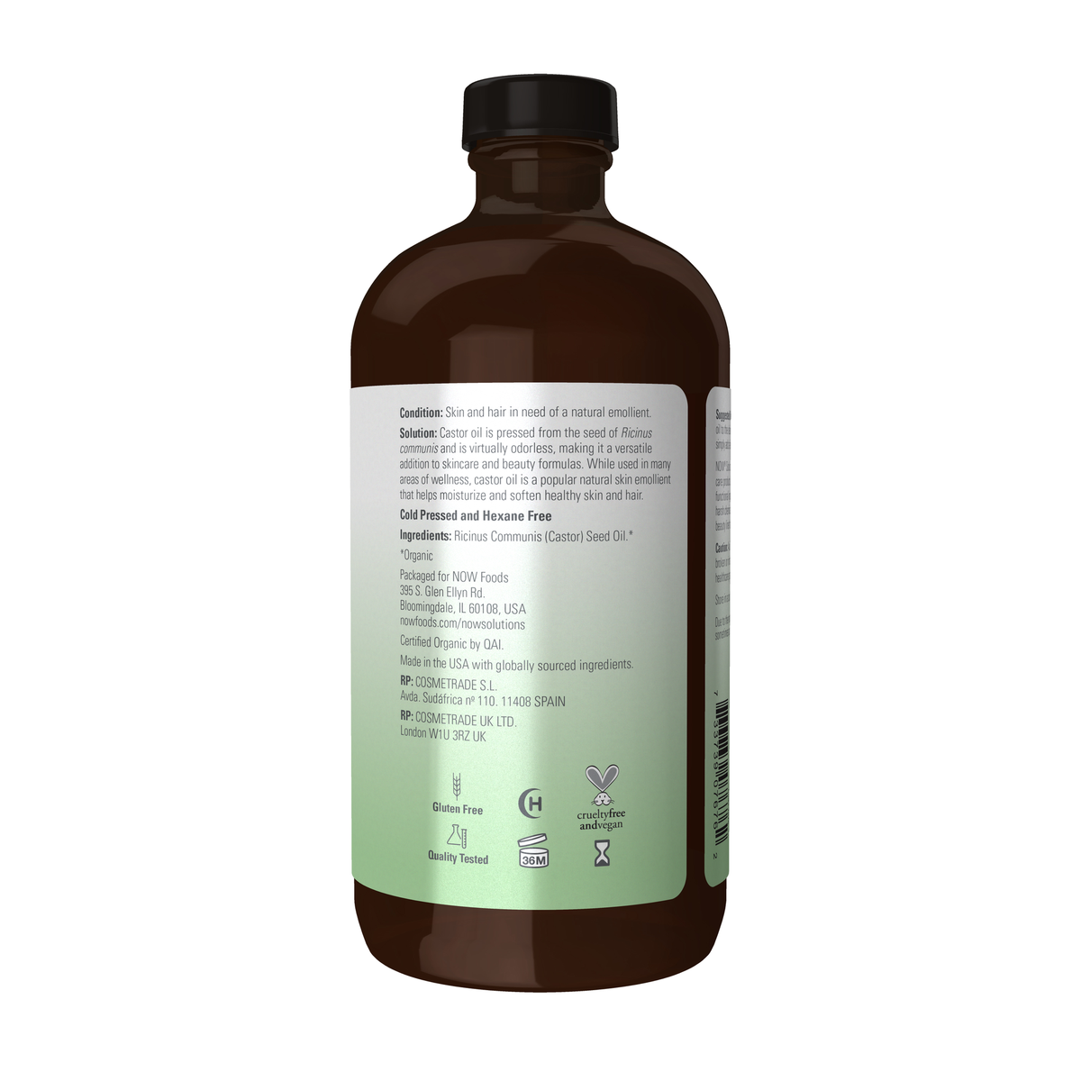 NOW Foods Castor Oil in Glass Bottle, Organic - 16 fl. oz. – Right label / Etykieta producenta