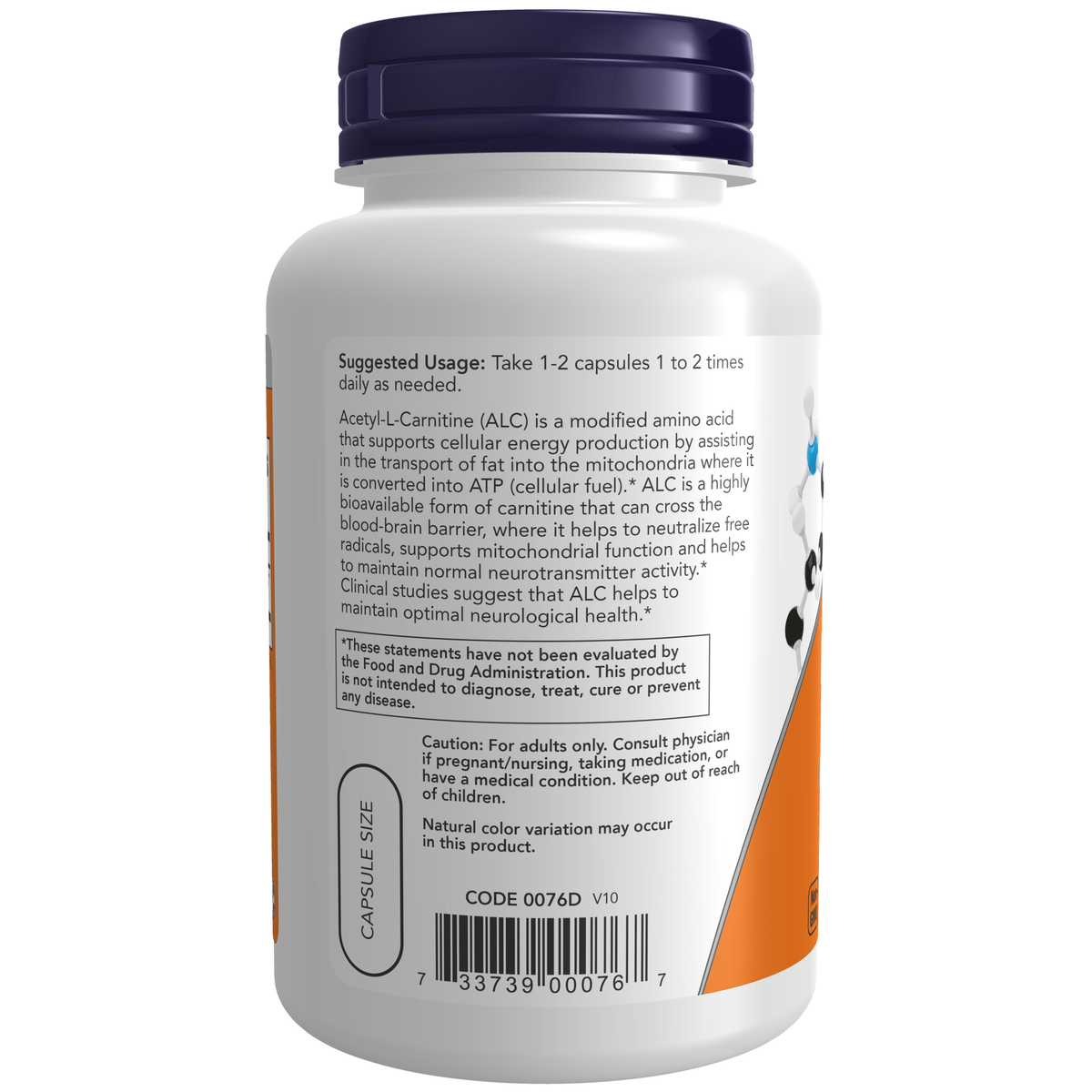 NOW Foods Acetyl-L-Carnitine 500 mg - 100 Veg Capsules – Label details / Etykieta producenta