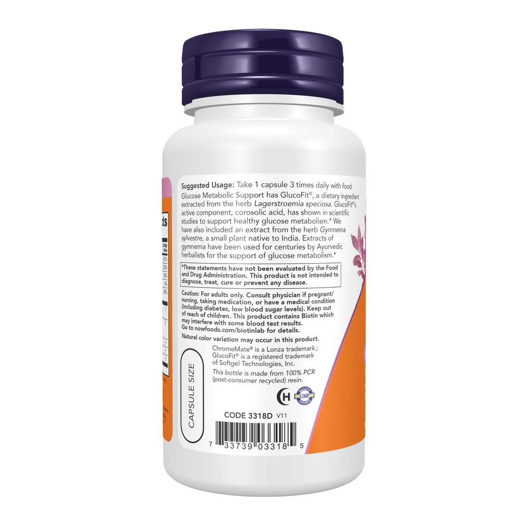 NOW Foods Glucose Metabolic Support - 90 Veg Capsules – Left label / Etykieta producenta