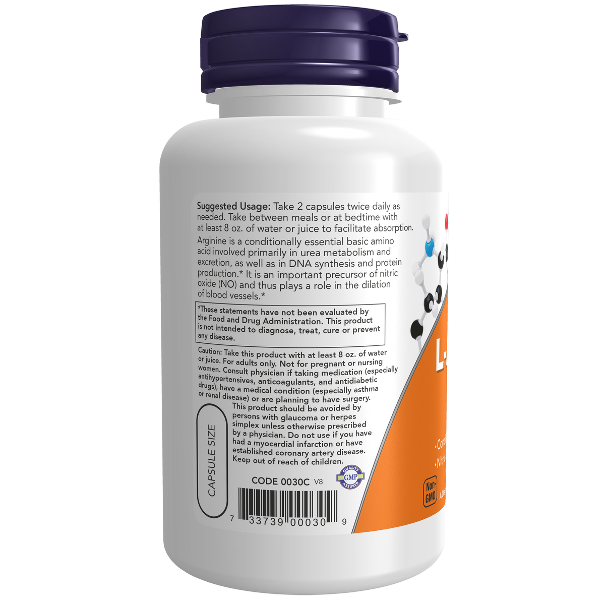 NOW Foods L-Arginine 500 mg - 100 Veg Capsules – Left label / Etykieta producenta