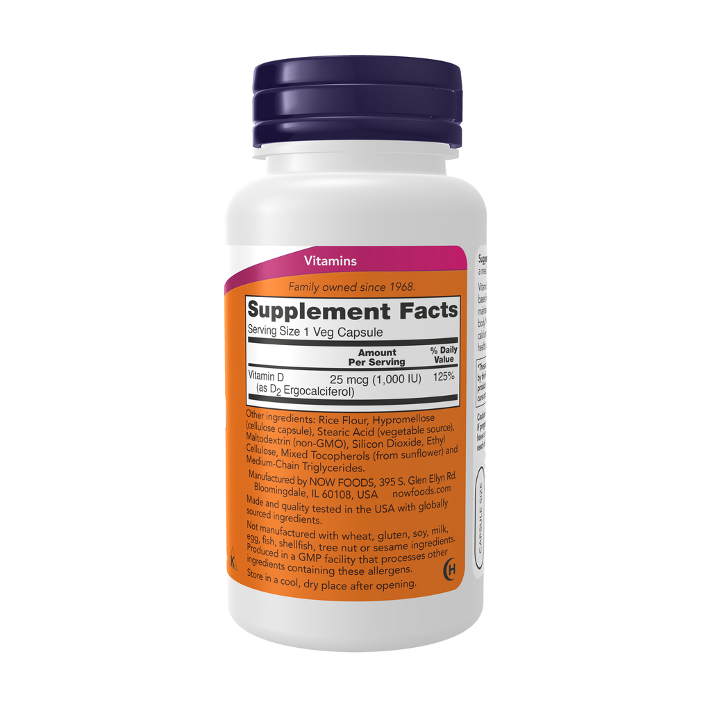 NOW Foods Vitamin D 1000 IU Dry - 120 Veg Capsules – Right label / Etykieta producenta