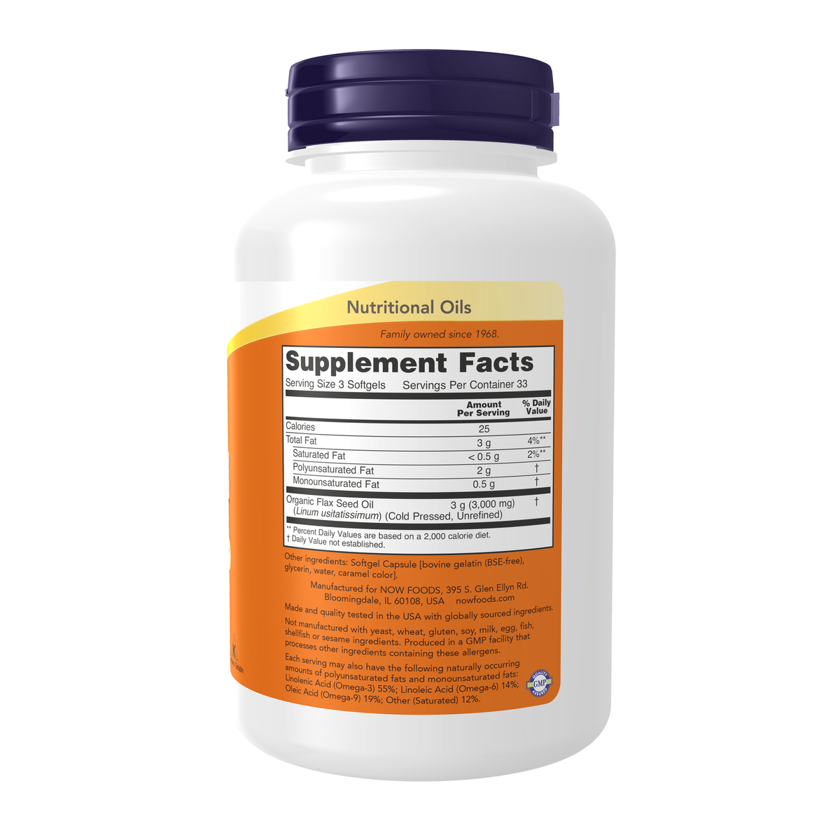NOW Foods Flax Oil 1000 mg - 100 Softgels – Right label / Etykieta producenta