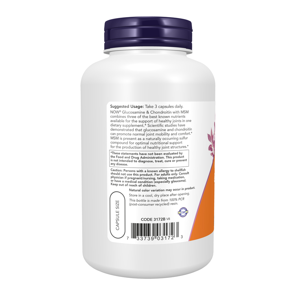NOW Foods Glucosamine & Chondroitin with MSM - 180 Veg Capsules – Left label / Etykieta producenta