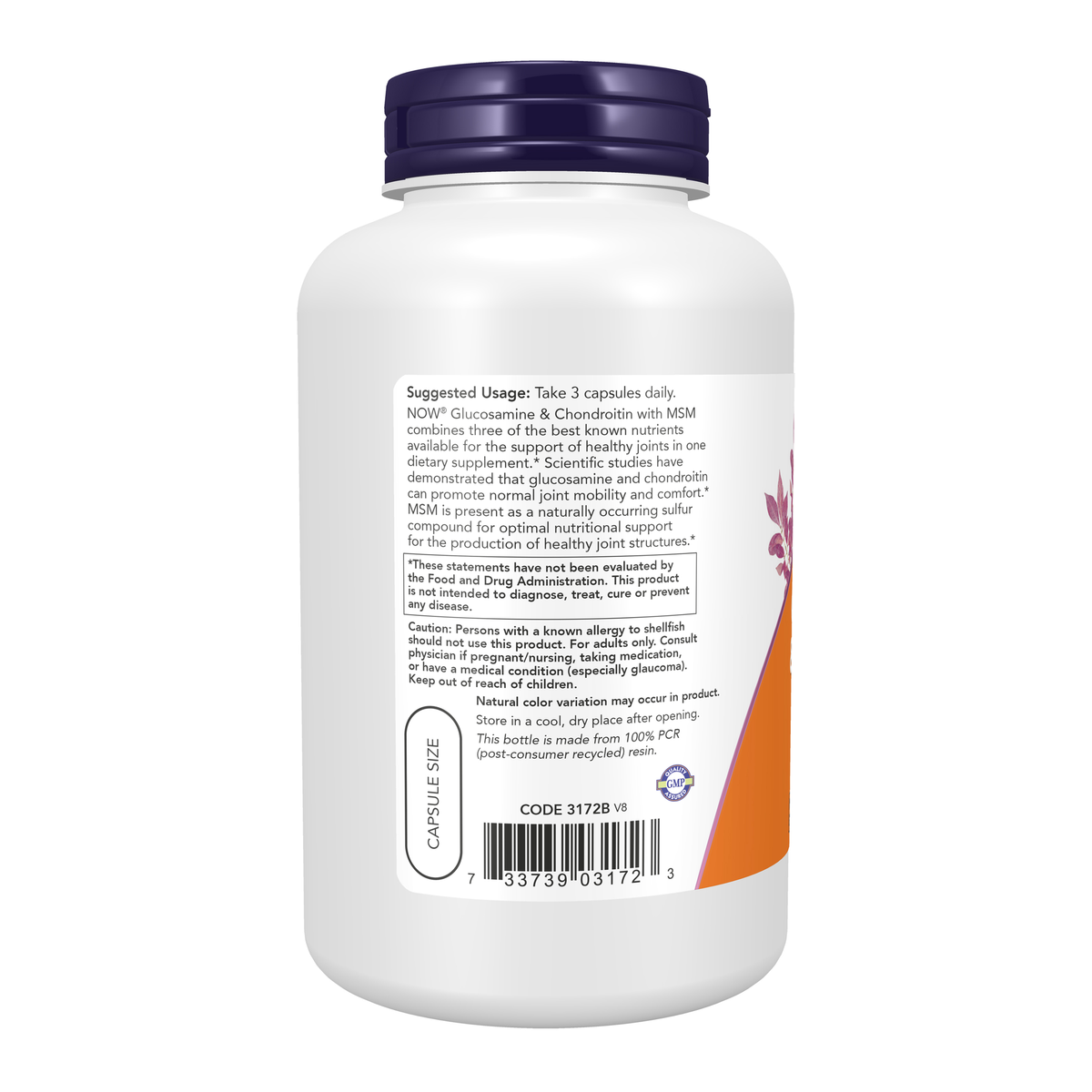 NOW Foods Glucosamine & Chondroitin with MSM - 180 Veg Capsules – Left label / Etykieta producenta