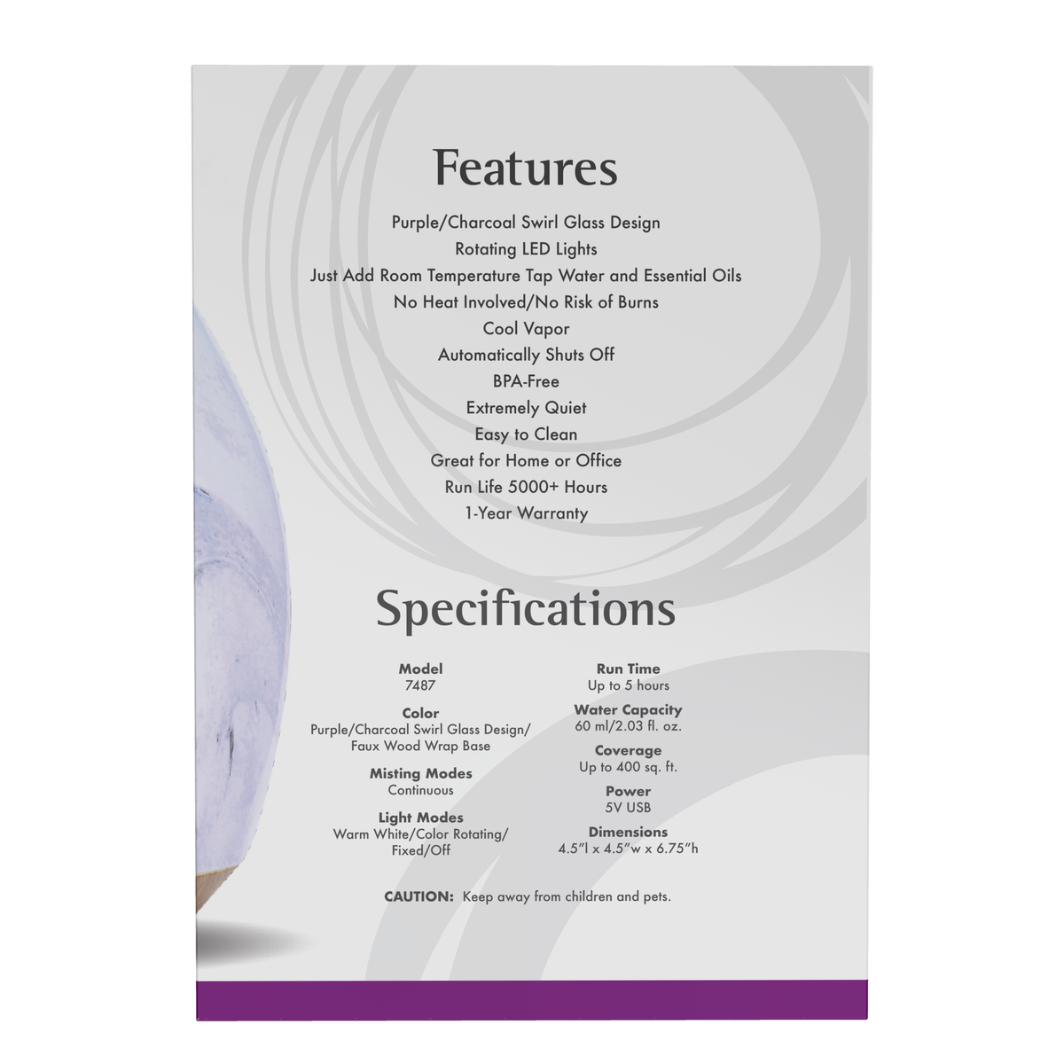 NOW Foods Ultrasonic Glass Swirl USB Oil Diffuser – Label details / Etykieta producenta