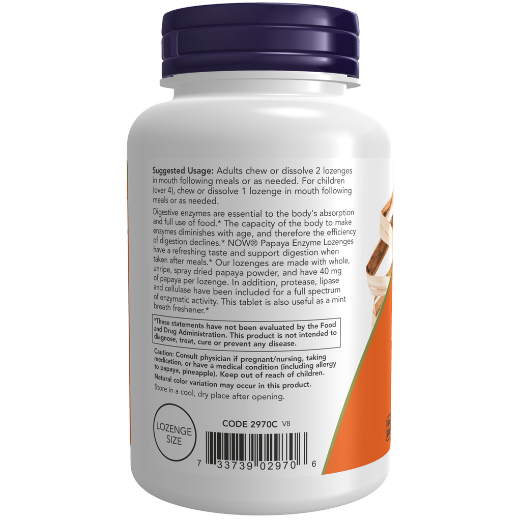 NOW Foods Papaya Enzyme - 180 Lozenges – Label details / Etykieta producenta
