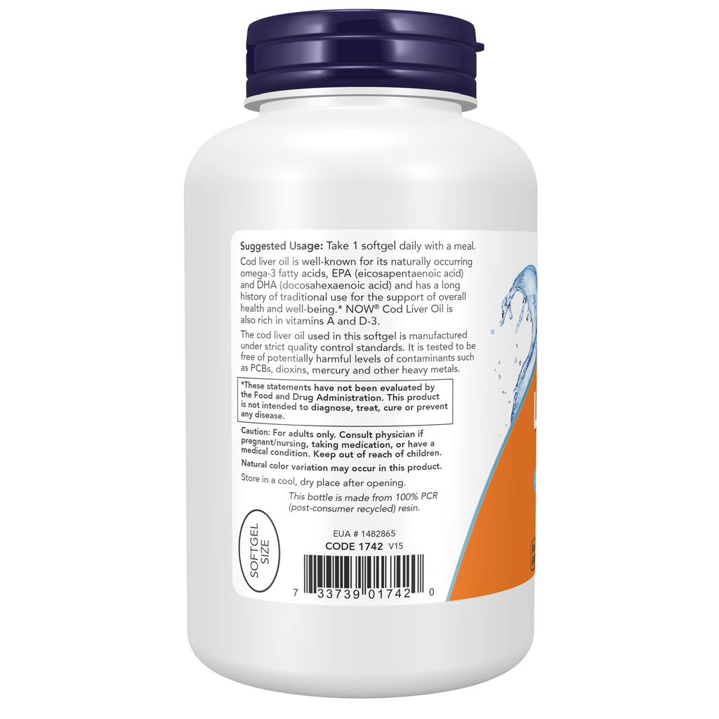 NOW Foods Cod Liver Oil 650 mg - 250 Softgels – Left label / Etykieta producenta