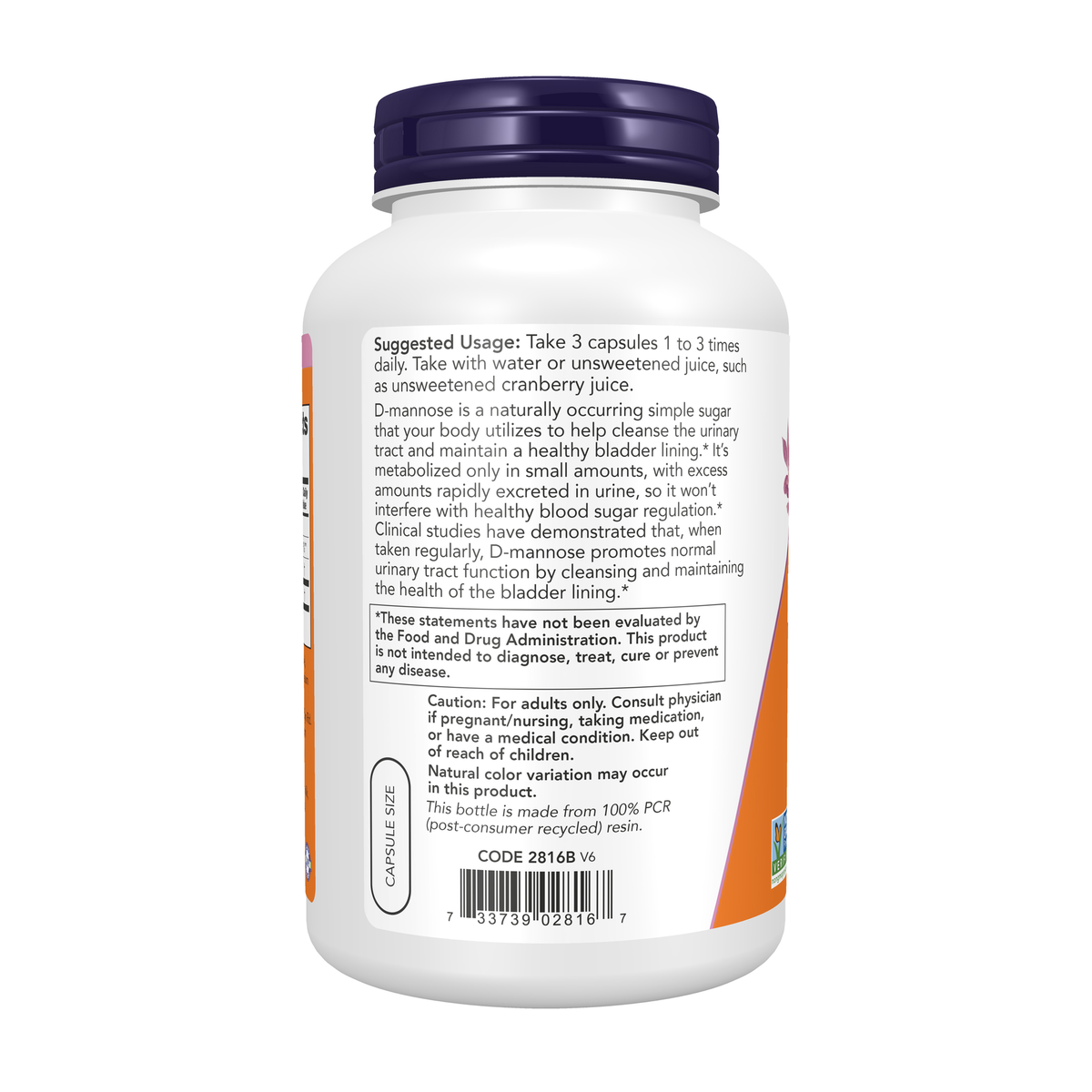 NOW Foods D-Mannose 500 mg - 240 Veg Capsules – Left label / Etykieta producenta