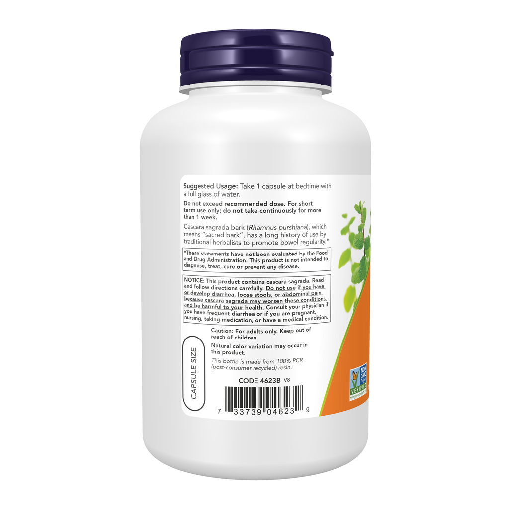NOW Foods Cascara Sagrada 450 mg - 250 Veg Capsules – Left label / Etykieta producenta