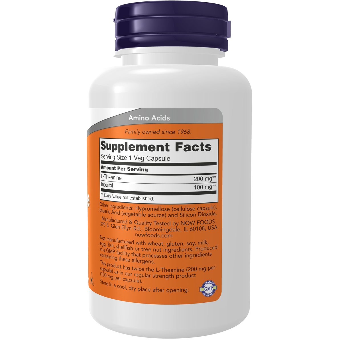 NOW Foods L-Theanine, Double Strength 200 mg - 120 Veg Capsules – Right label / Etykieta producenta