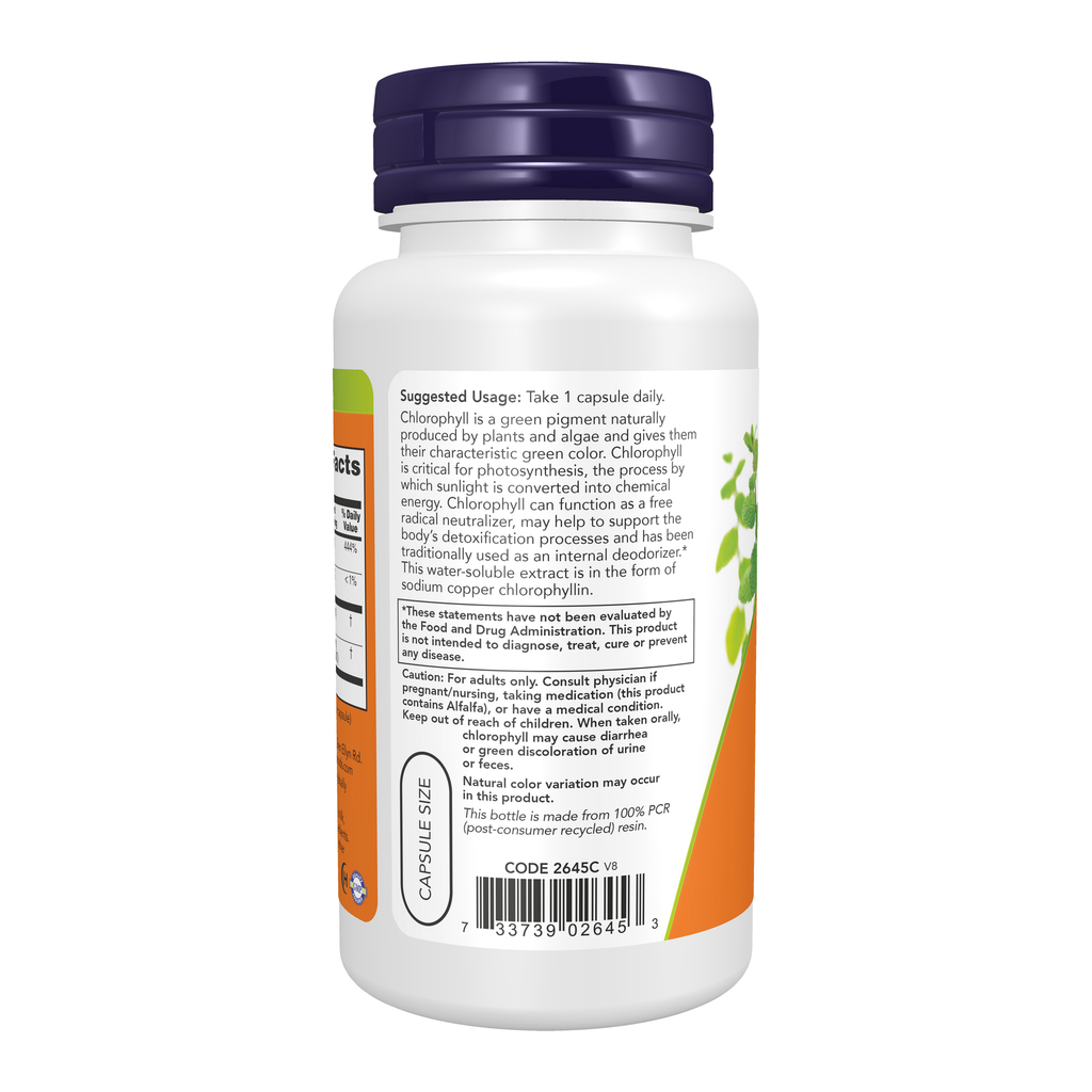 NOW Foods Chlorophyll 100 mg - 90 Veg Capsules – Left label / Etykieta producenta