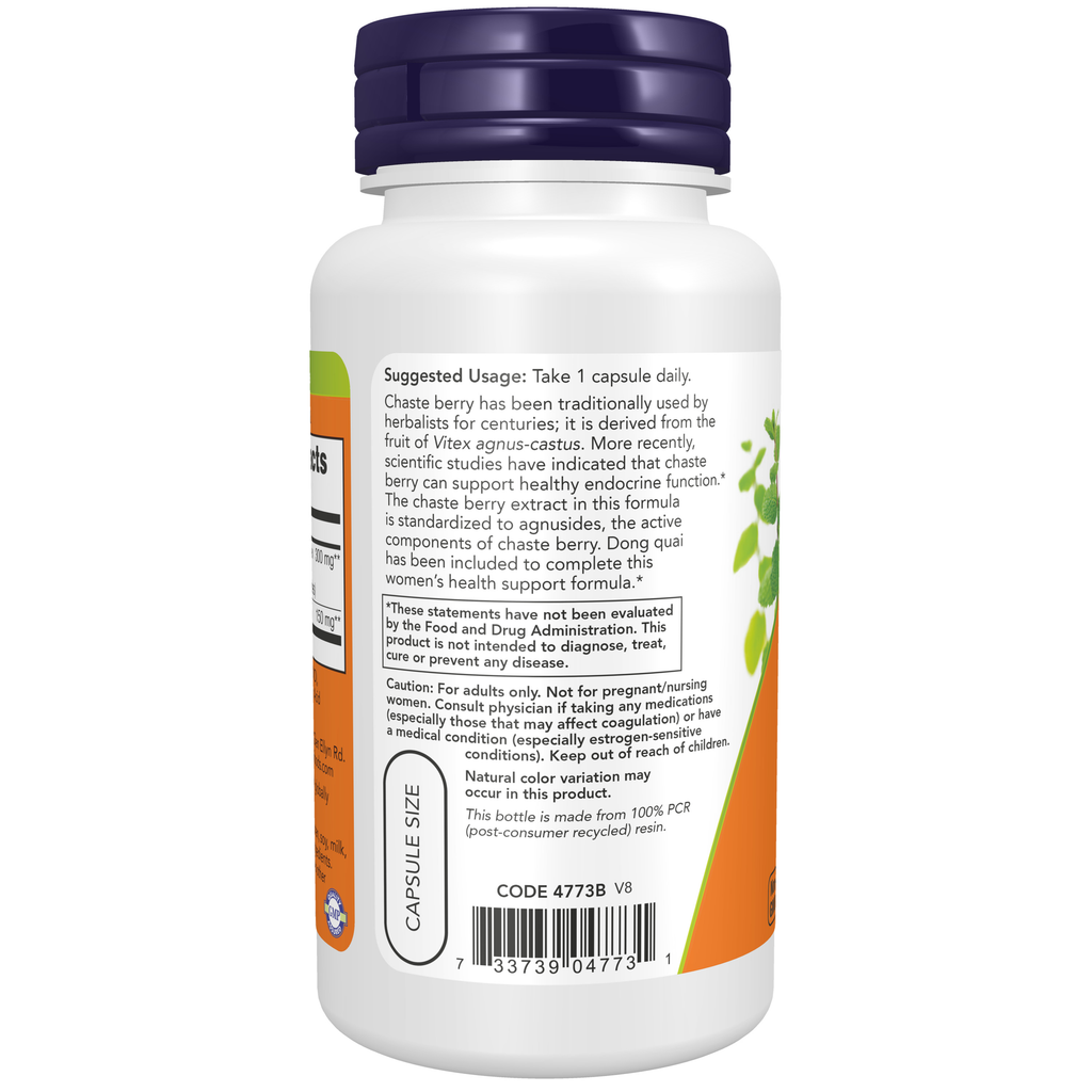 NOW Foods Chaste Berry Vitex Extract 300 mg - 90 Veg Capsules – Left label / Etykieta producenta
