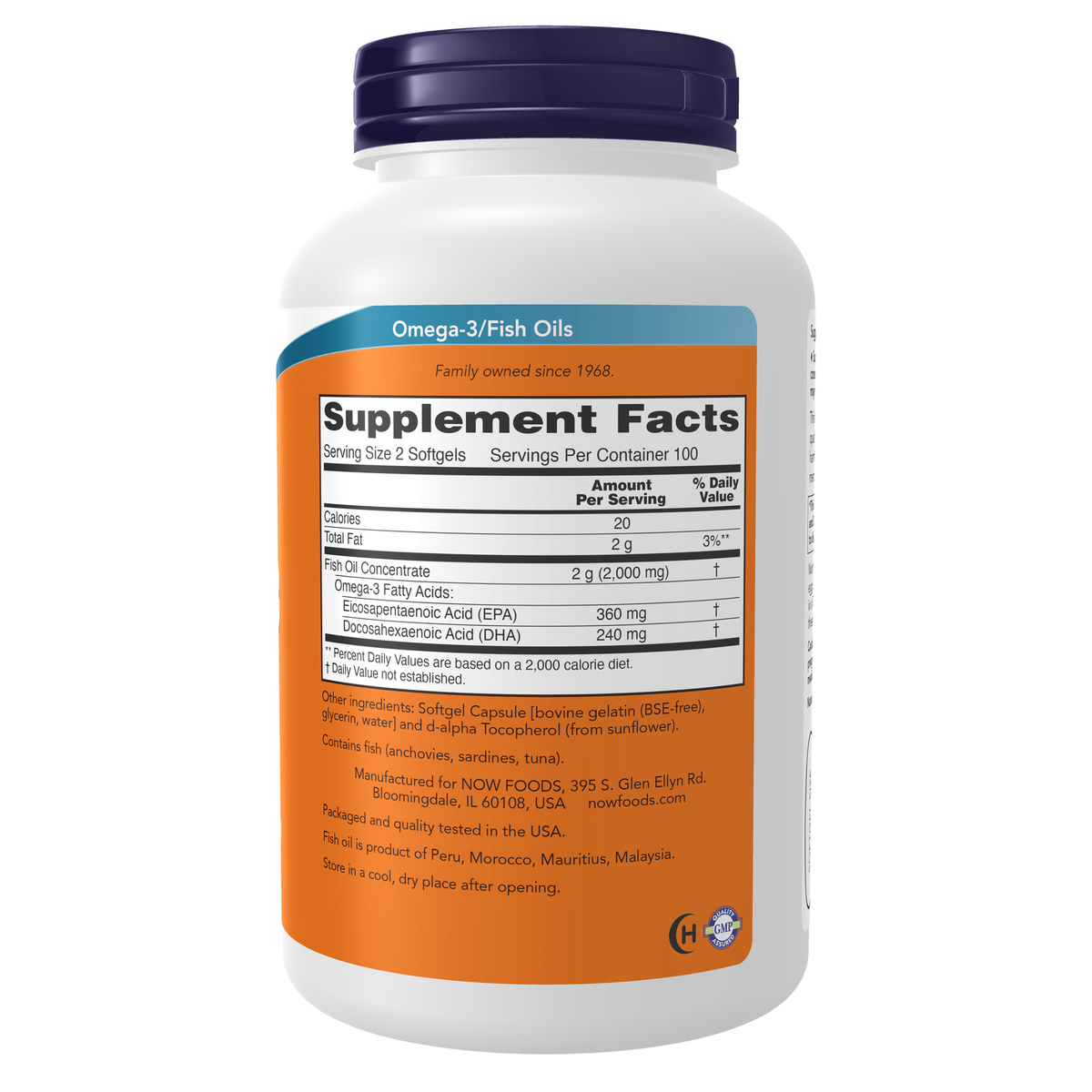NOW Foods Omega-3 Fish Oil, Molecularly Distilled - 200 Softgels – Right label / Etykieta producenta