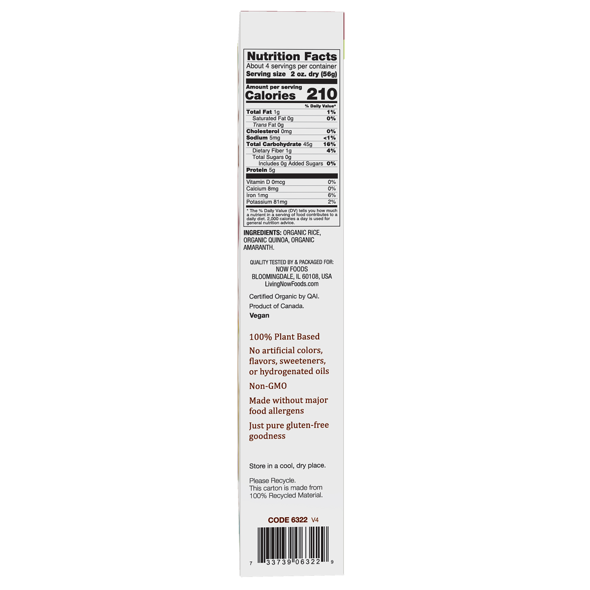 NOW Foods Quinoa Penne, Organic - 8 oz. – Right label / Etykieta producenta