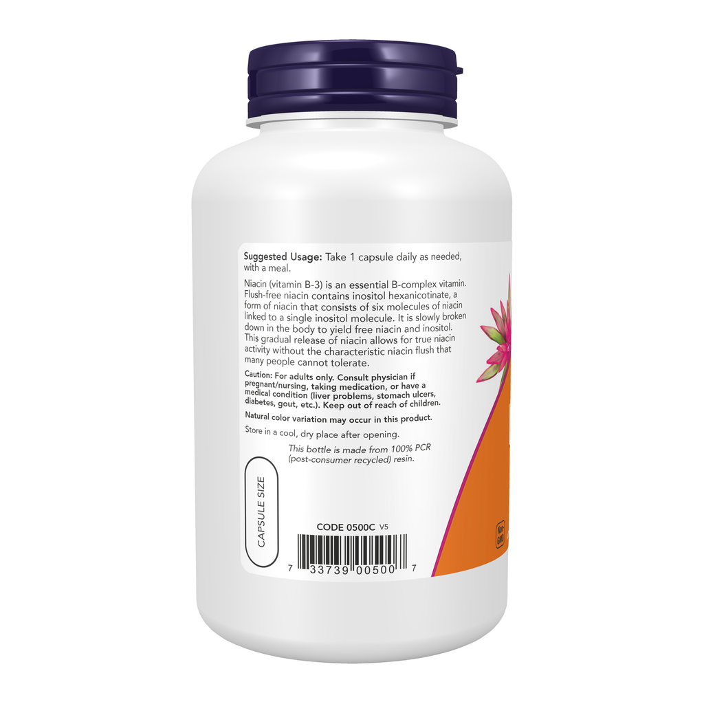 NOW Foods Niacin 500 mg, Double Strength Flush-Free - 180 Veg Capsules – Left label / Etykieta producenta