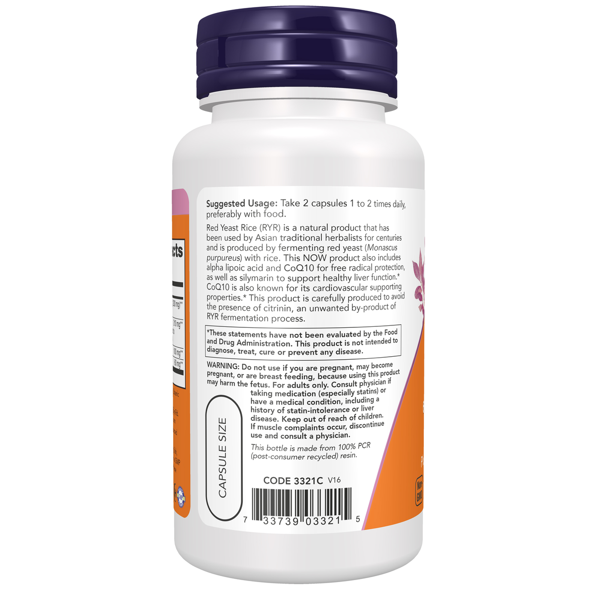 NOW Foods Red Yeast Rice 600 mg with CoQ10 30 mg - 60 Veg Capsules – Left label / Etykieta producenta