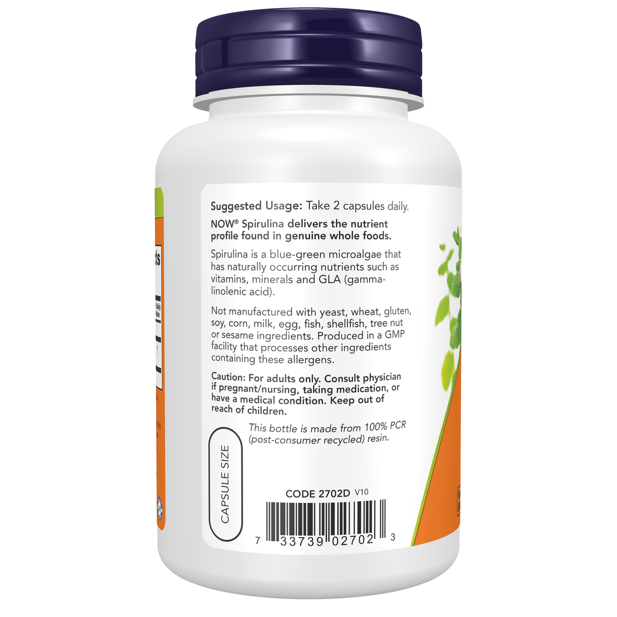 NOW Foods Spirulina 500 mg - 120 Veg Capsules – Left label / Etykieta producenta