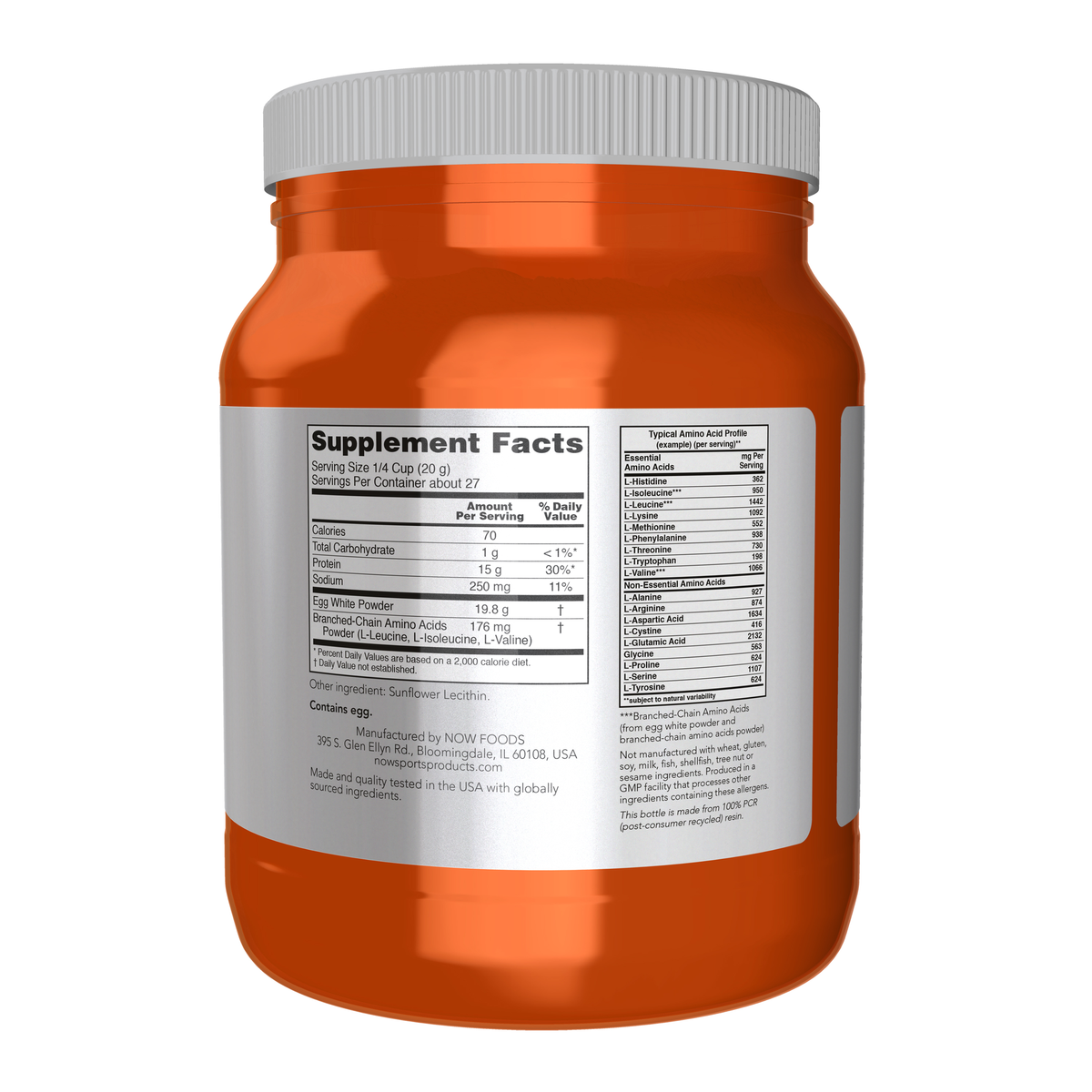 NOW Foods Egg White Protein, Unflavored Powder - 1.2 lb. – right label / Etykieta producenta