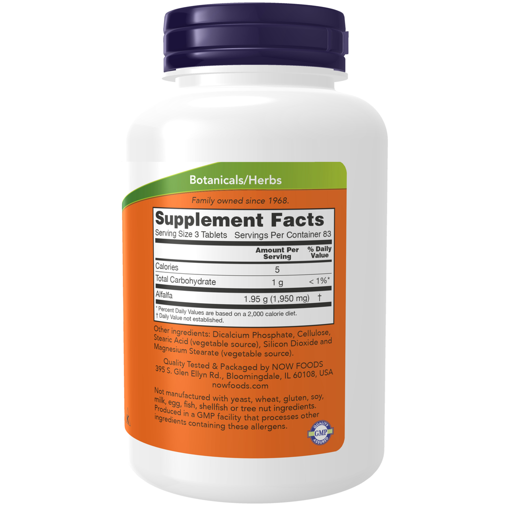 NOW Foods Alfalfa 650 mg - 250 Tablets – Label details / Etykieta producenta
