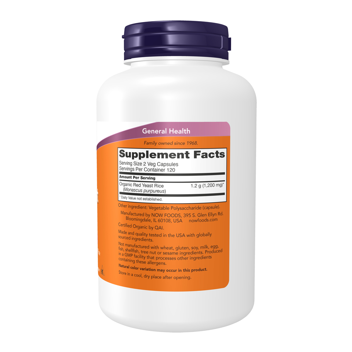 NOW Foods Red Yeast Rice 600 mg - 240 Veg Capsules – Right label / Etykieta producenta