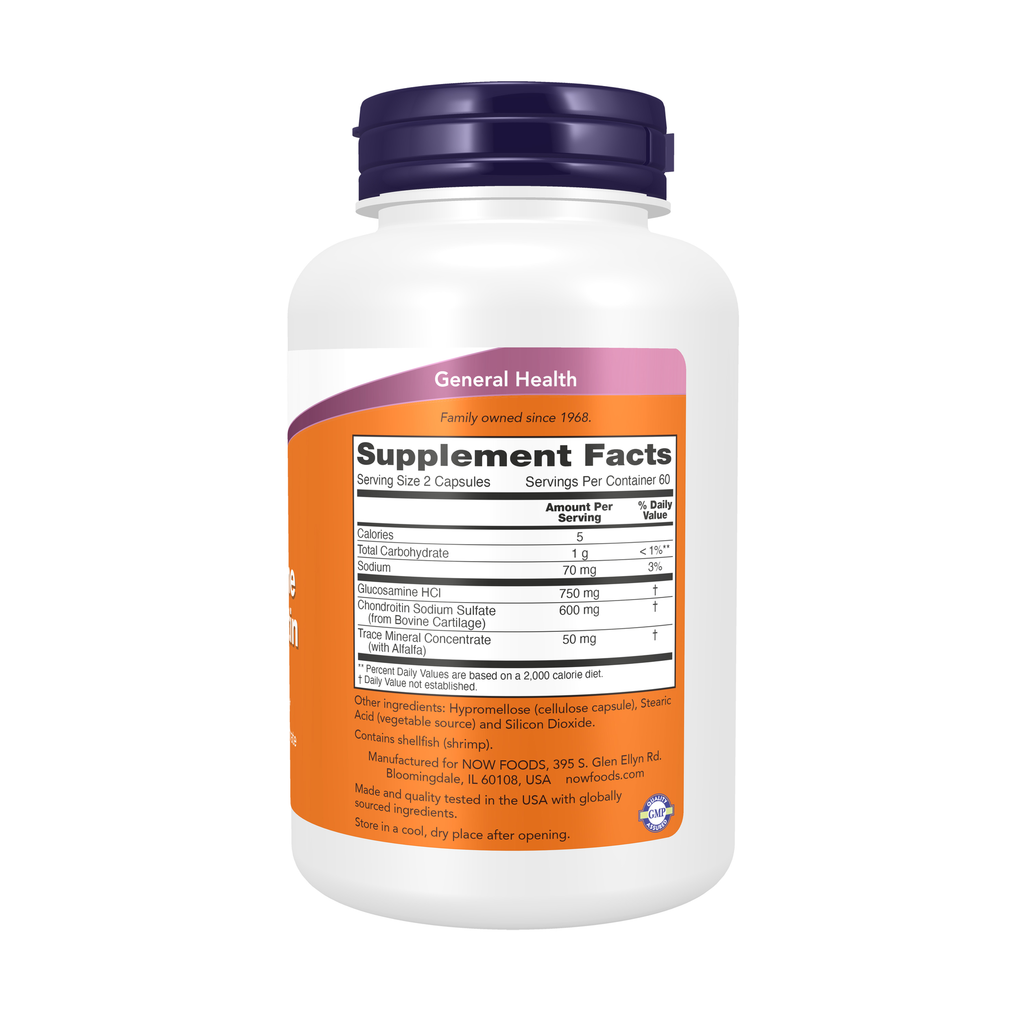 NOW Foods Glucosamine & Chondroitin with Trace Minerals - 120 Capsules – Right label / Etykieta producenta