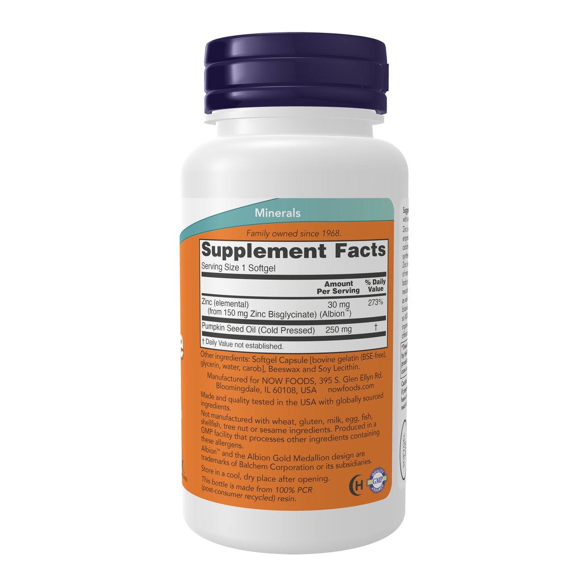 NOW Foods Zinc Glycinate - 120 Softgels – Right label / Etykieta producenta