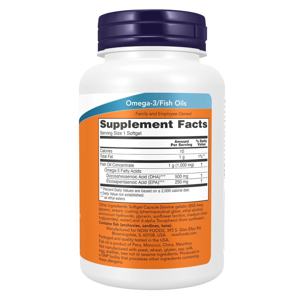 NOW Foods DHA-500 Fish Oil, Double Strength - 90 Softgels – Right label / Etykieta producenta