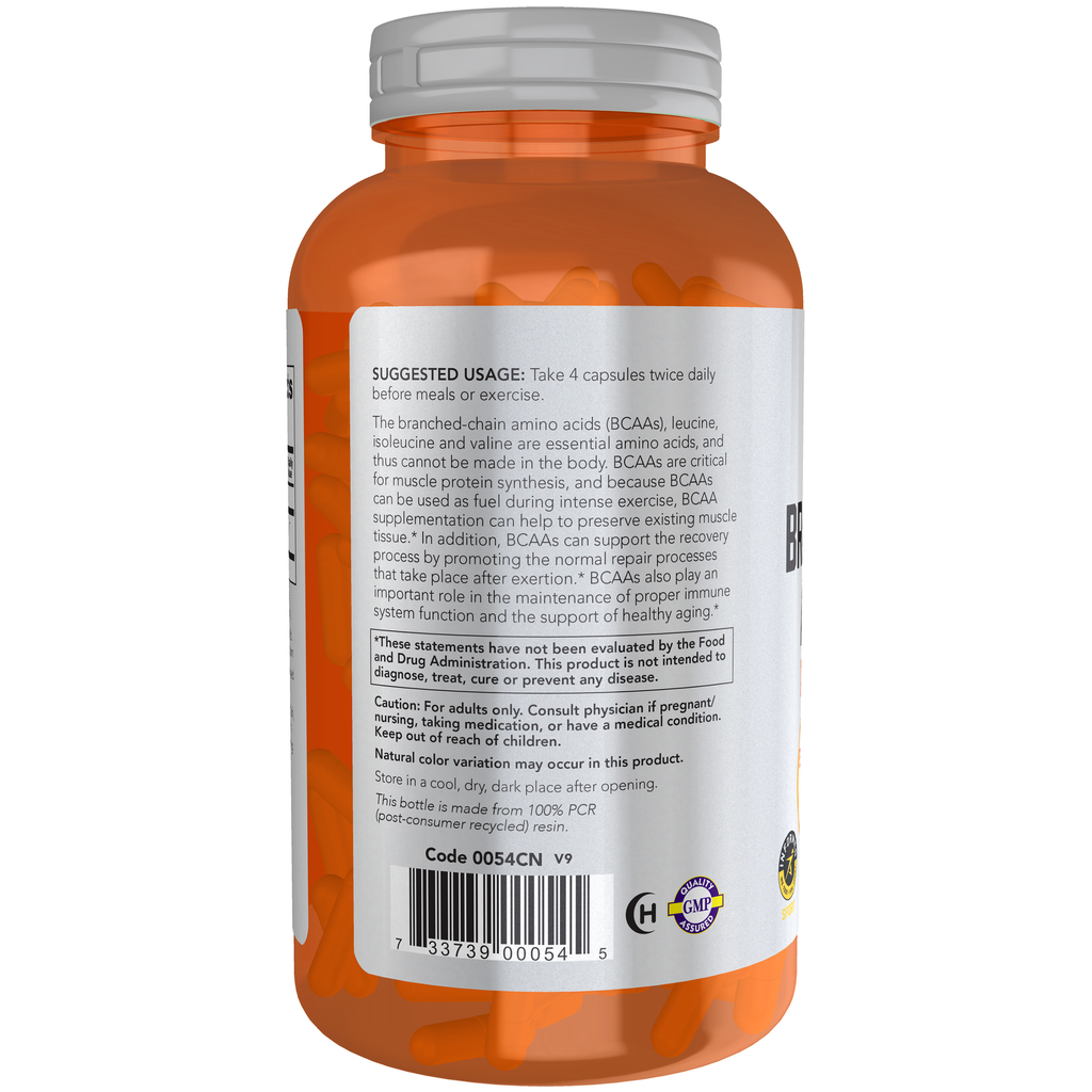 NOW Foods Branched Chain Amino Acids - 240 Veg Capsules – Left label / Etykieta producenta