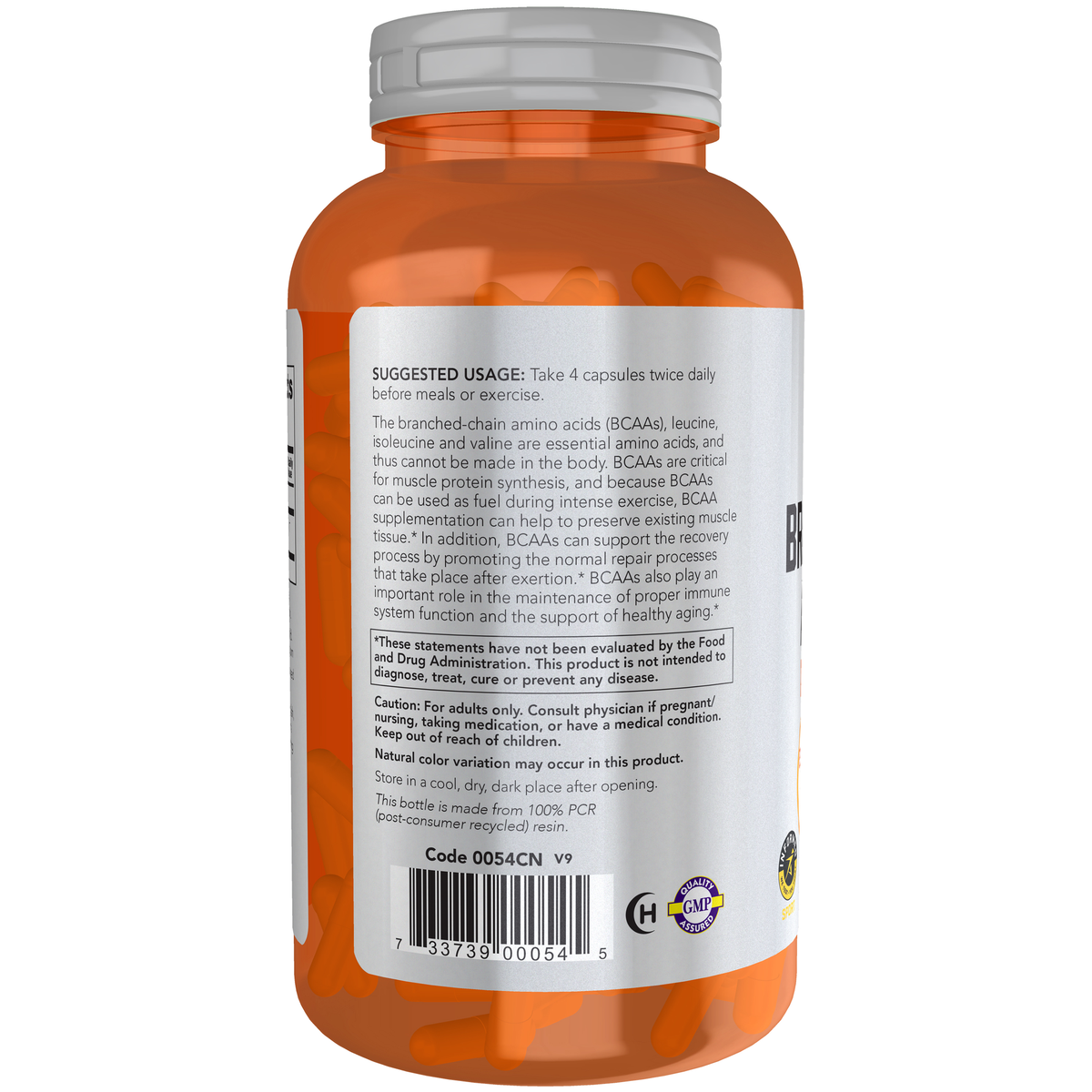 NOW Foods Branched Chain Amino Acids - 240 Veg Capsules – Left label / Etykieta producenta