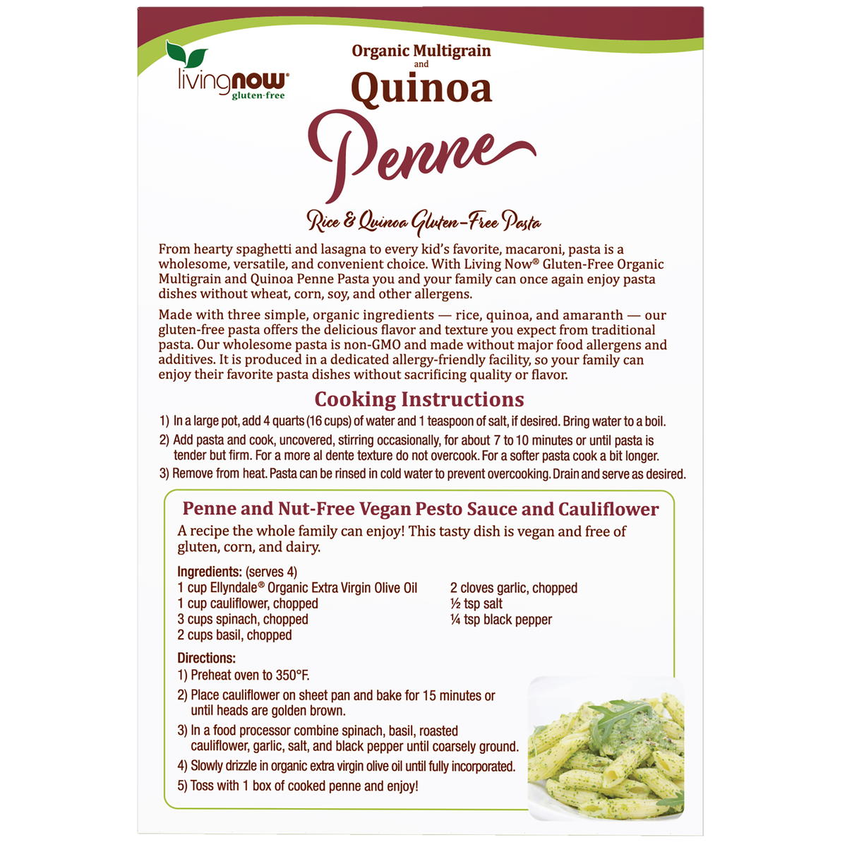 NOW Foods Quinoa Penne, Organic - 8 oz. – Back label / Etykieta producenta