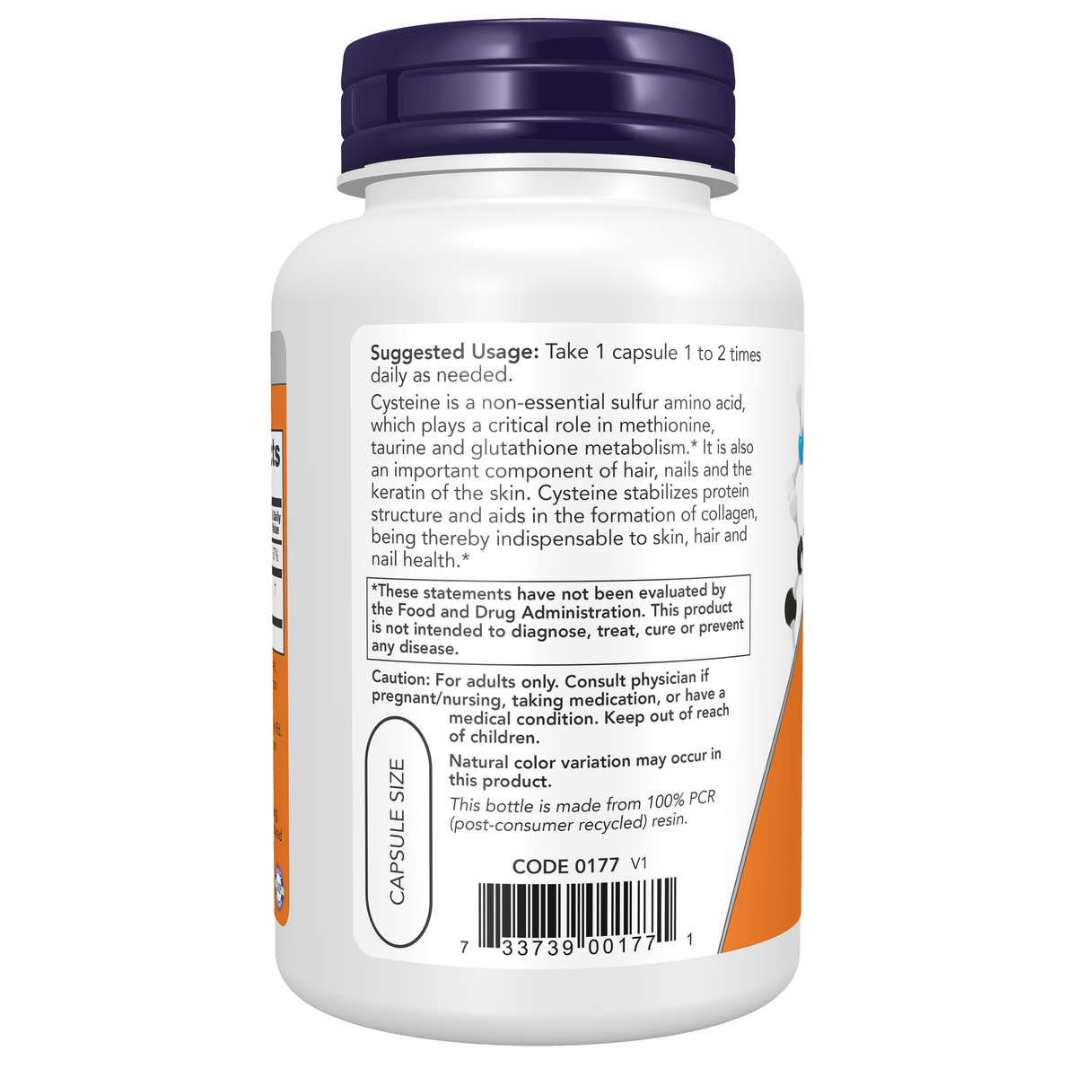 NOW Foods L-Cysteine 500 mg - 90 Veg Capsules – Left label / Etykieta producenta