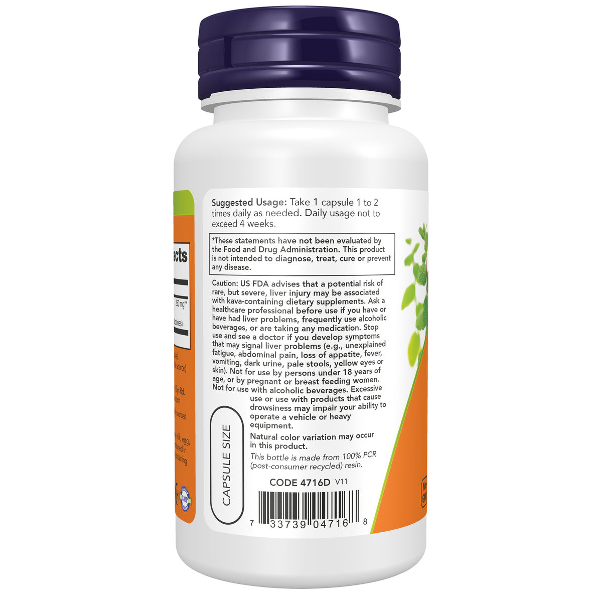 NOW Foods Kava Kava Extract 250 mg - 60 Veg Capsules – Left label / Etykieta producenta