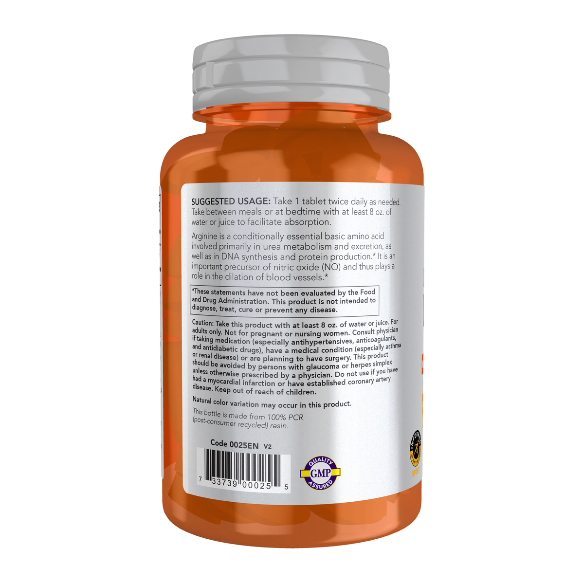 NOW Foods L-Arginine 1000 mg, Double Strength - 60 Tablets – Left label / Etykieta producenta