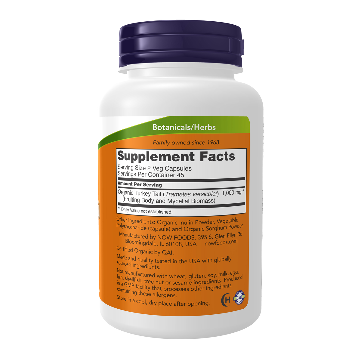 NOW Foods Turkey Tail 500 mg - 90 Veg Capsules – Right label / Etykieta producenta