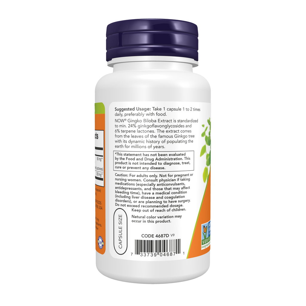 NOW Foods Ginkgo Biloba 60 mg - 120 Veg Capsules – left label / Etykieta producenta
