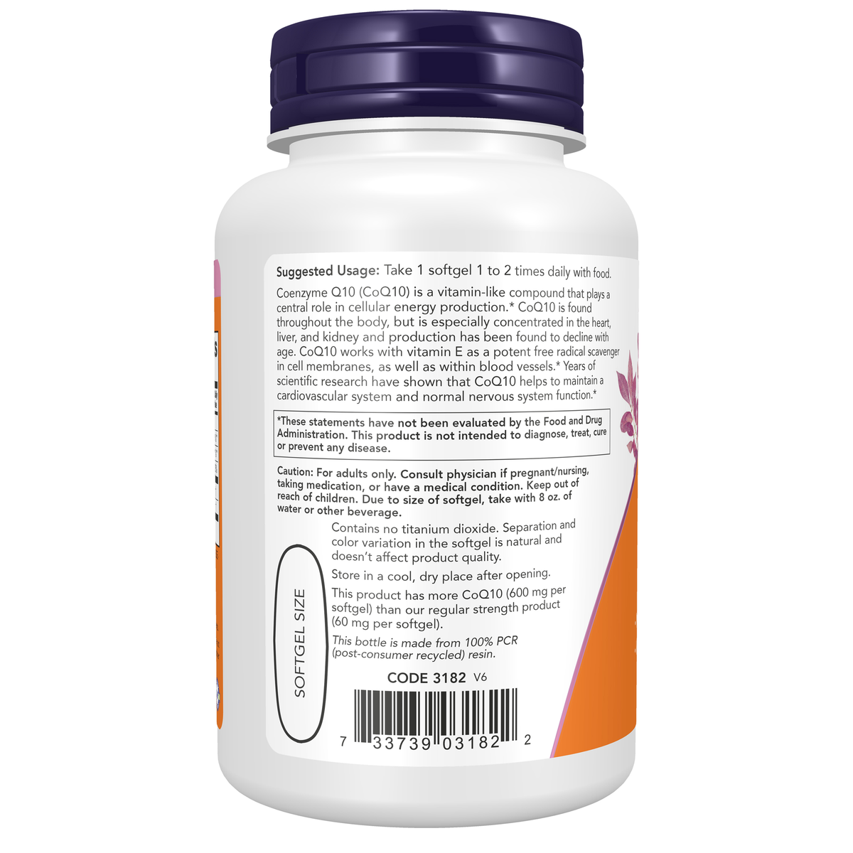 NOW Foods CoQ10 600 mg - 60 Softgels – left label / Etykieta producenta