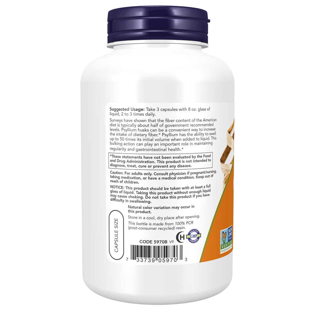 NOW Foods Psyllium Husk Caps 500 mg - 200 Veg Capsules – Left label / Etykieta producenta