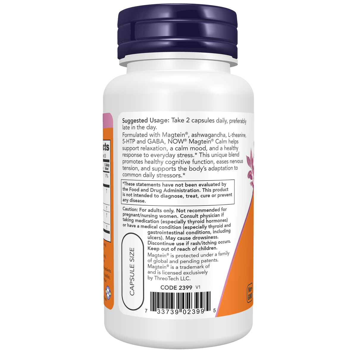 NOW Foods Magtein® Calm 60 Veg caps – Left label / Etykieta producenta
