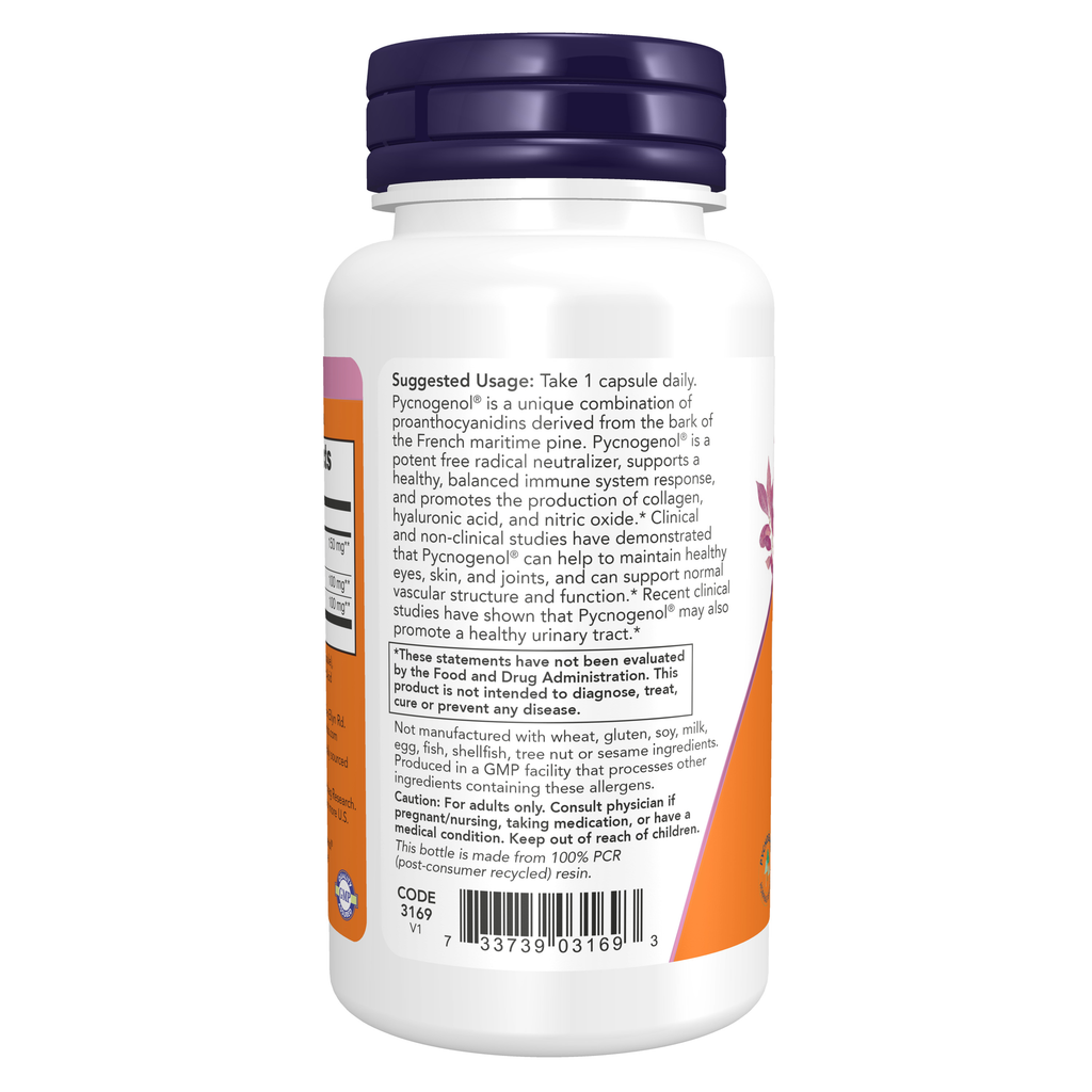 NOW Foods Pycnogenol, Extra Strength 150 mg - 60 Veg Capsules – Label details / Etykieta producenta