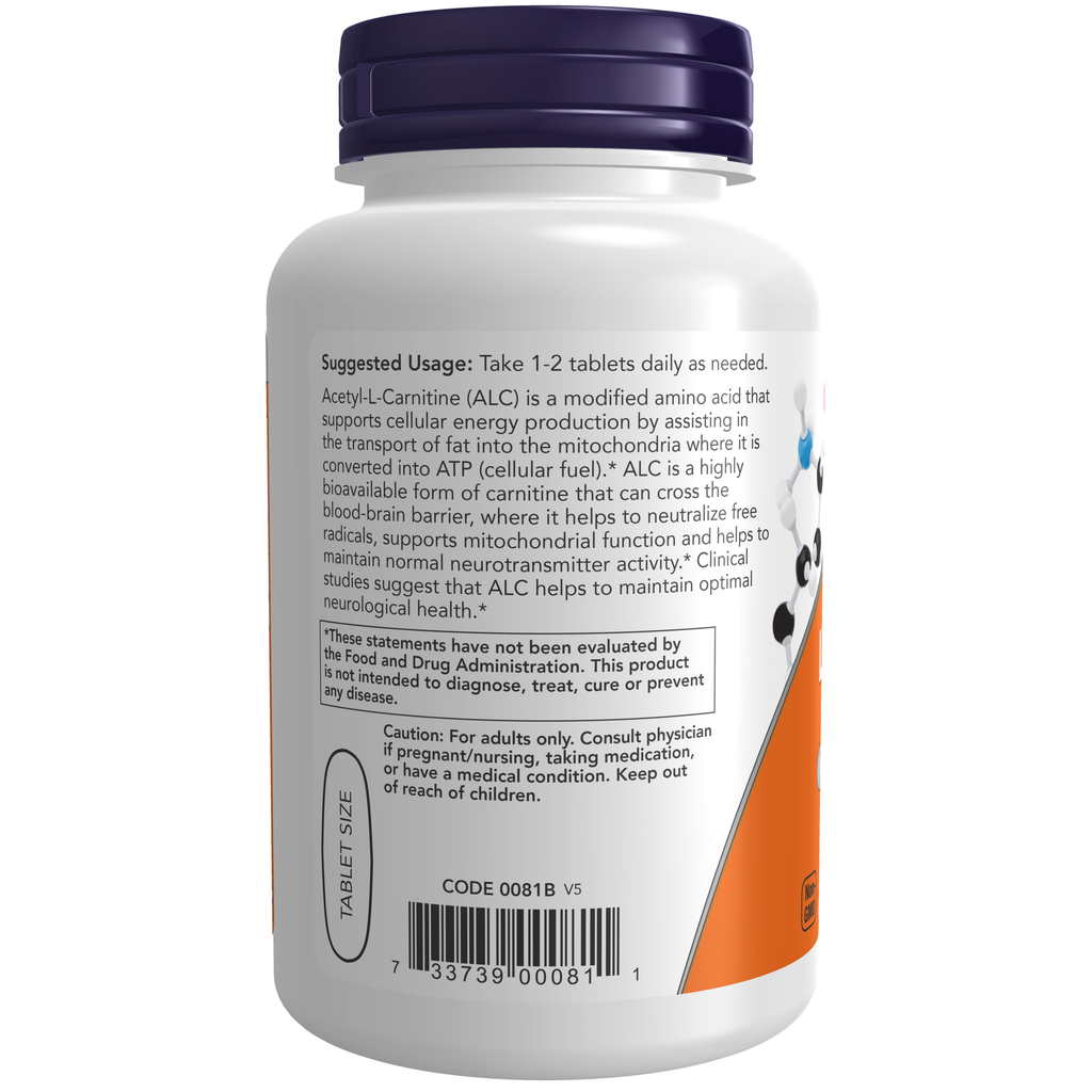NOW Foods Acetyl-L-Carnitine 750 mg - 90 Tablets – Label details / Etykieta producenta