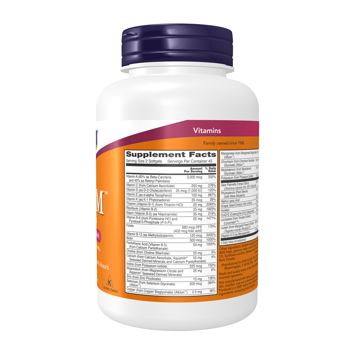 NOW Foods Adam™ Men's Multiple Vitamin - 90 Softgels – Right label / Etykieta producenta